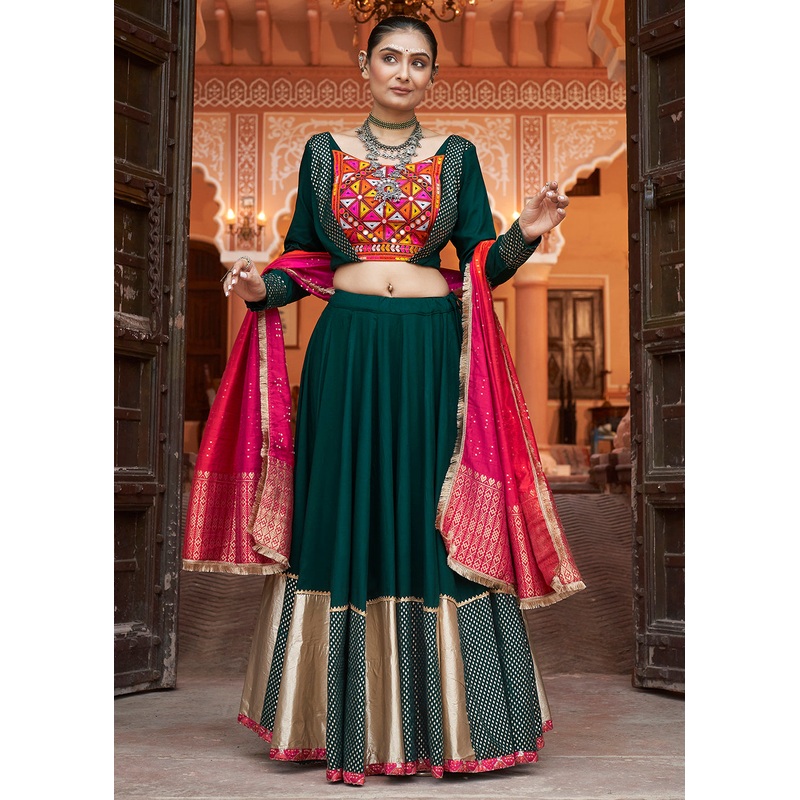 Viscose Rayon Green Navratri Wear Chaniya Choli