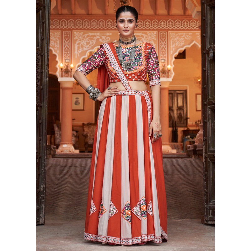 Viscose Rayon Orange Multicolor Navratri Wear Chaniya Choli