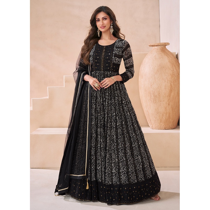 Wedding Black Real Georgette Embroidered Anarkali Gown