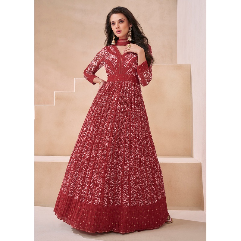 Wedding Red Real Georgette Embroidered Anarkali Gown