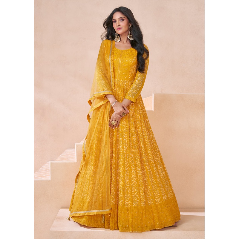 Wedding Yellow Real Georgette Embroidered Anarkali Gown