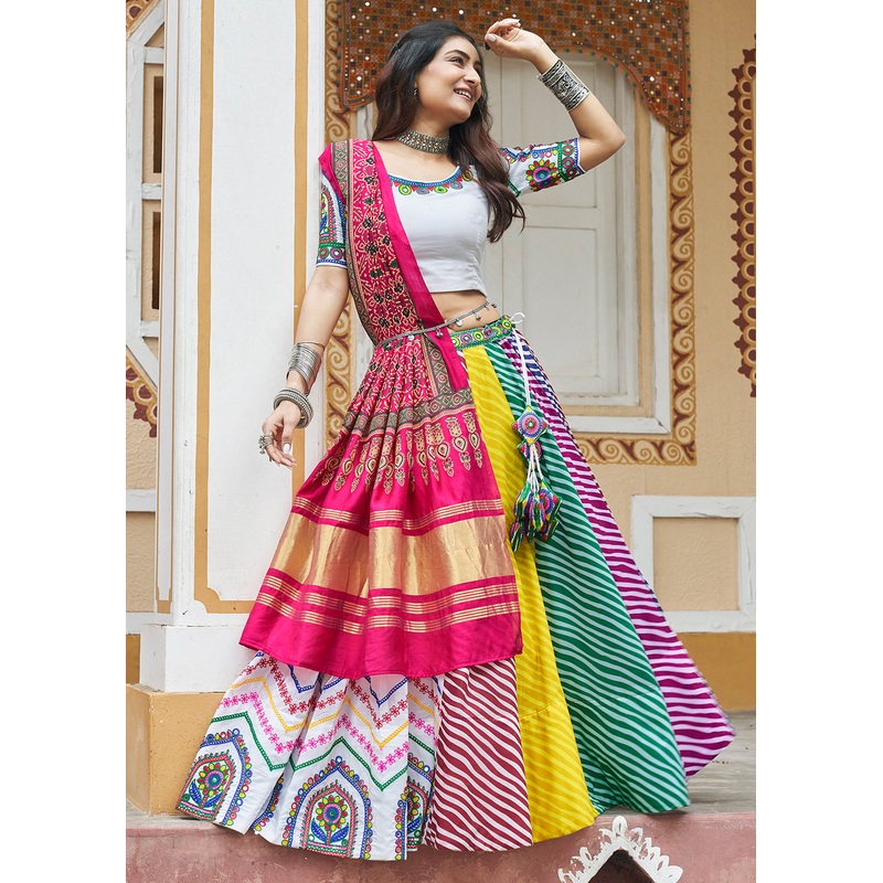 White Embroidered with Mirror Work Chaniya Choli for Navratri