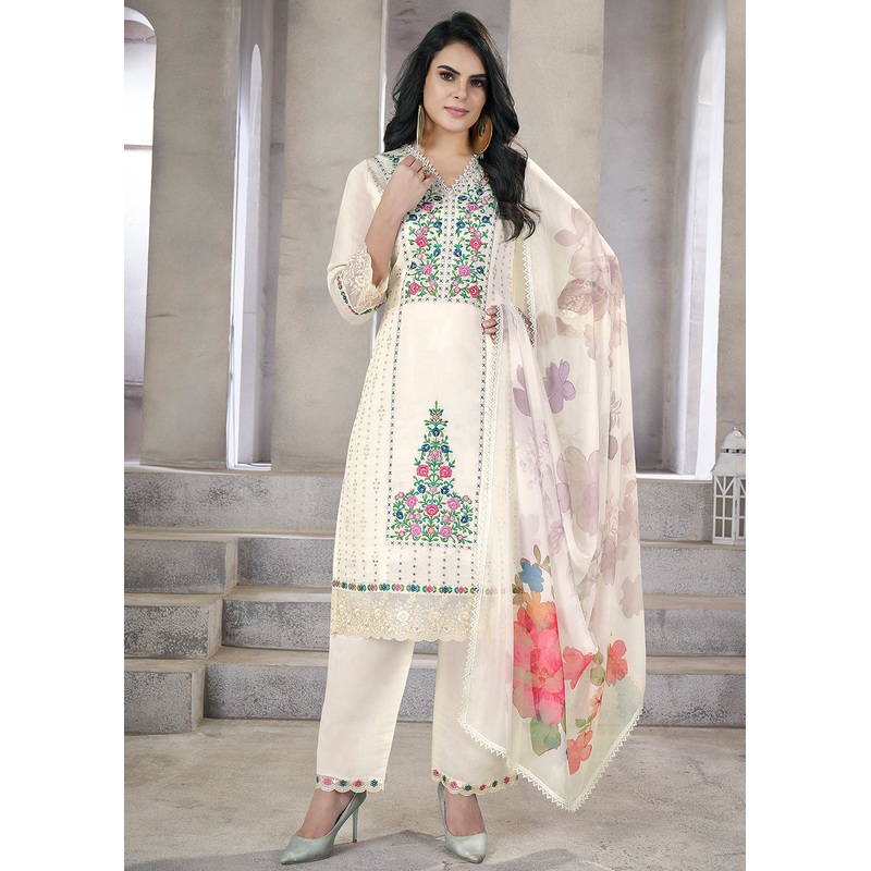 White Roman Silk Embroidered Festive Salwar Kurta Suit