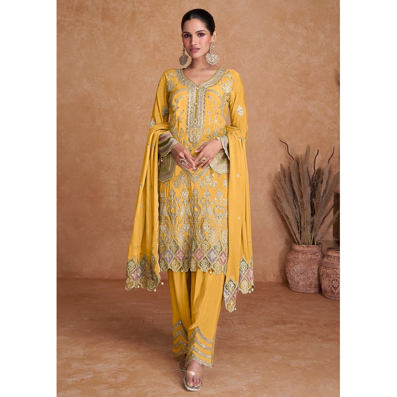 Yellow Chinnon Fabric Embroidered Designer Salwar Suit