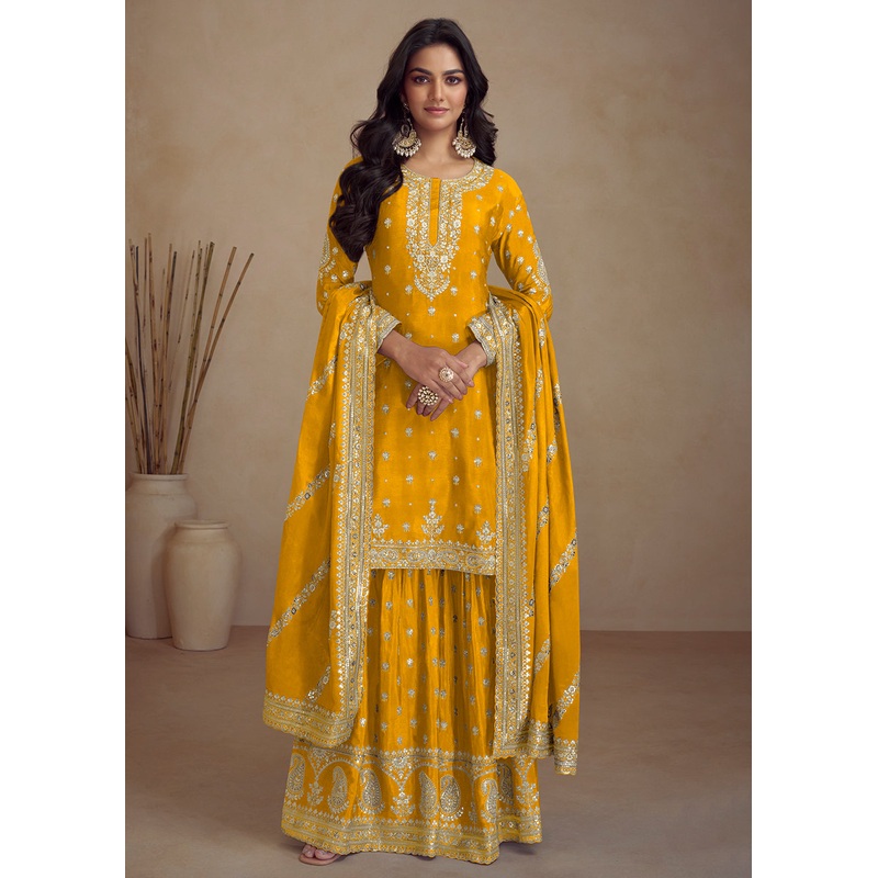 Yellow Embroidered Real Chinnon Designer Palazzo Suit
