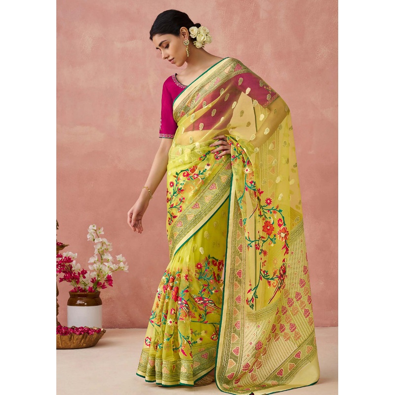 Yellow Soft Brasso Organza Printed Festive Classic Saree