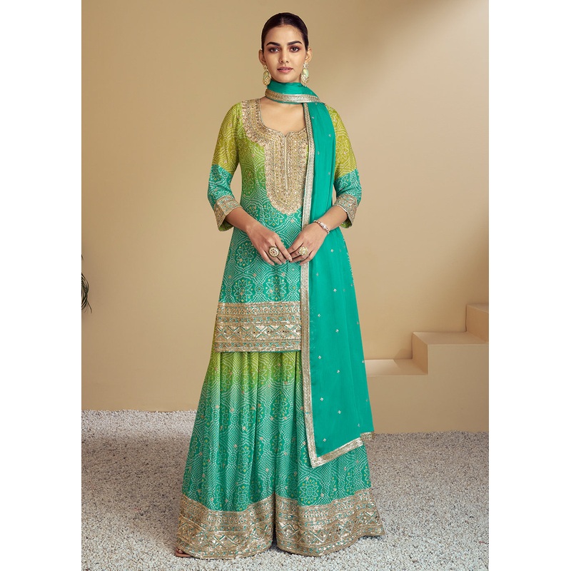 Aqua & Green Ombre Kurti Style Palazzo Style Suit