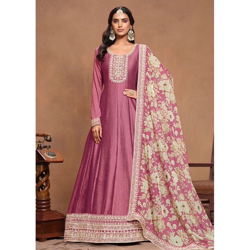 Art Silk Pink Embroidered Wedding Anarkali Gown