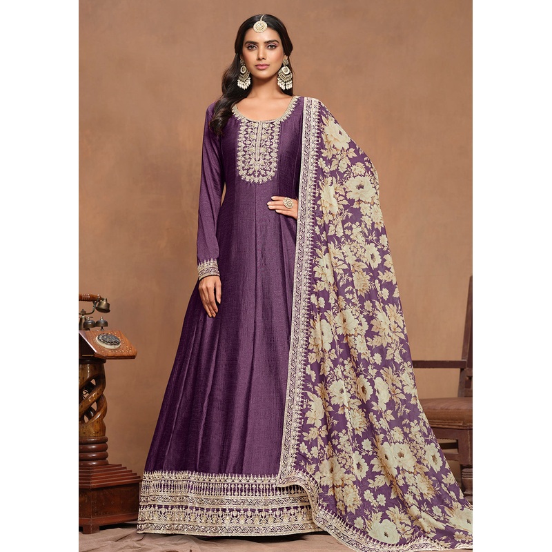 Art Silk Purple Embroidered Wedding Anarkali Gown
