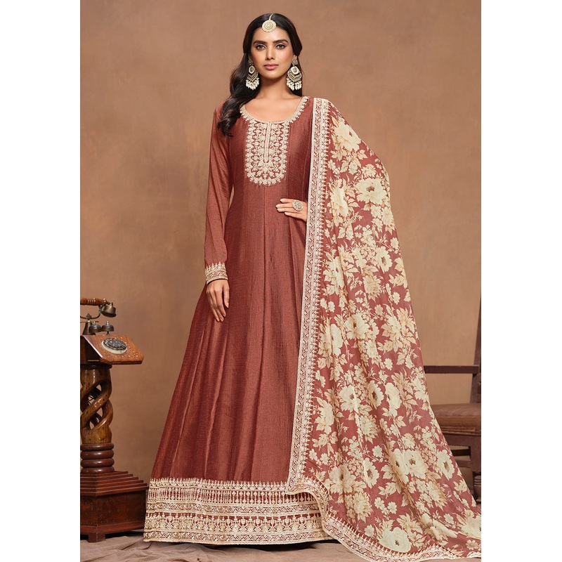 Art Silk Rusty Embroidered Wedding Anarkali Gown