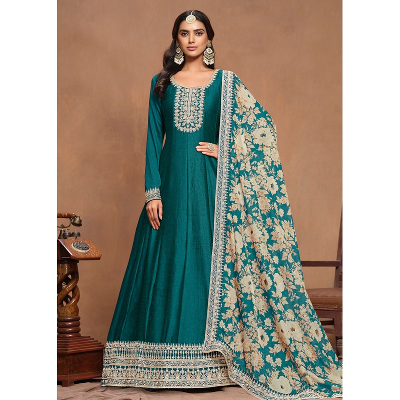 Art Silk Teal Embroidered Wedding Anarkali Gown