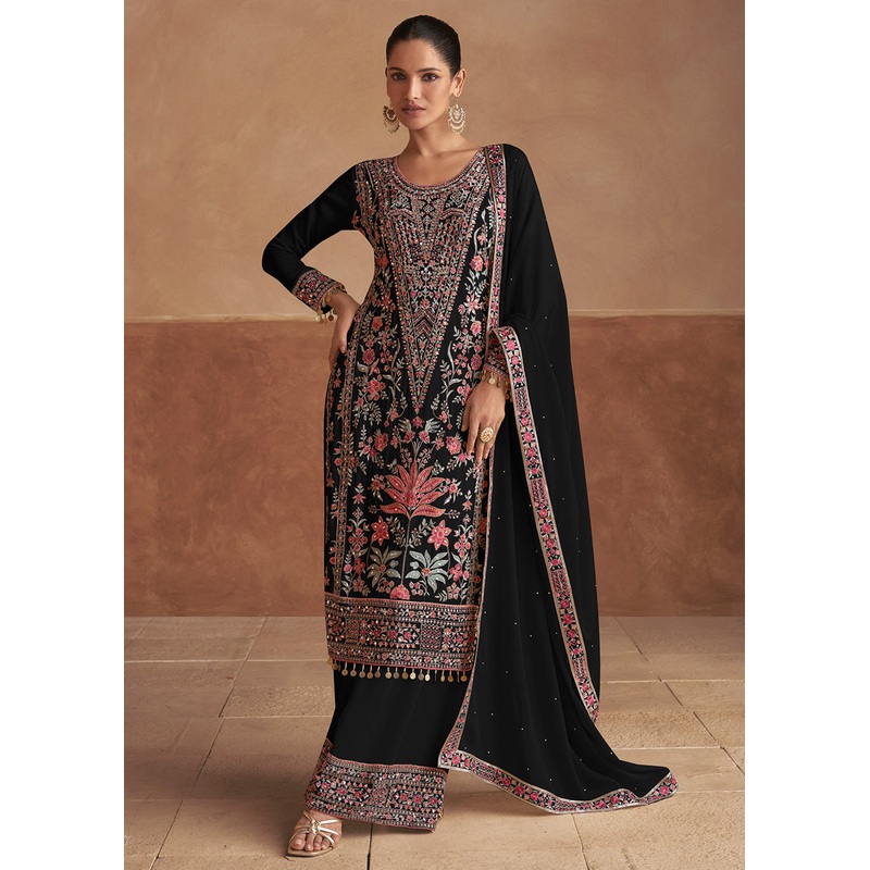 Black Handwork Embroidered Festive Palazzo Style Suit