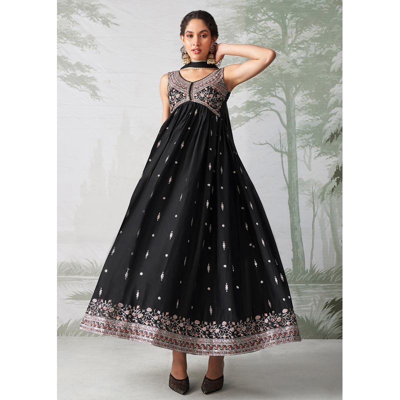 Black Multi Thread Embroidered Anarkali Style Suit