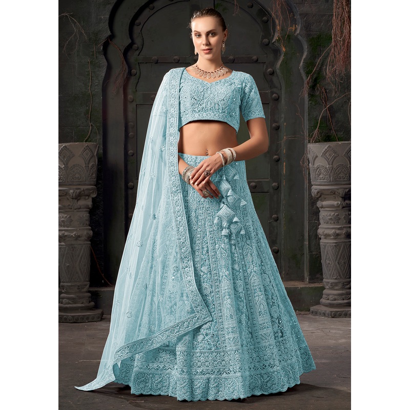 Bridal Style Sky Blue Embroidered Designer Lehenga Choli