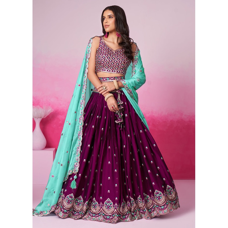 Burgundy Pure Georgette Embroidered Bridesmaids Lehenga Choli