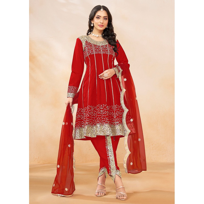 Charming Red Punjabi Dhoti Style Festive Party Suit