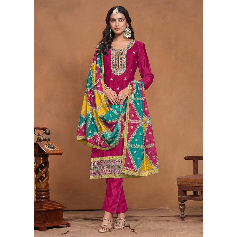 Chinnon Silk Pink Salwar Suit with Triangular Patch Dupatta