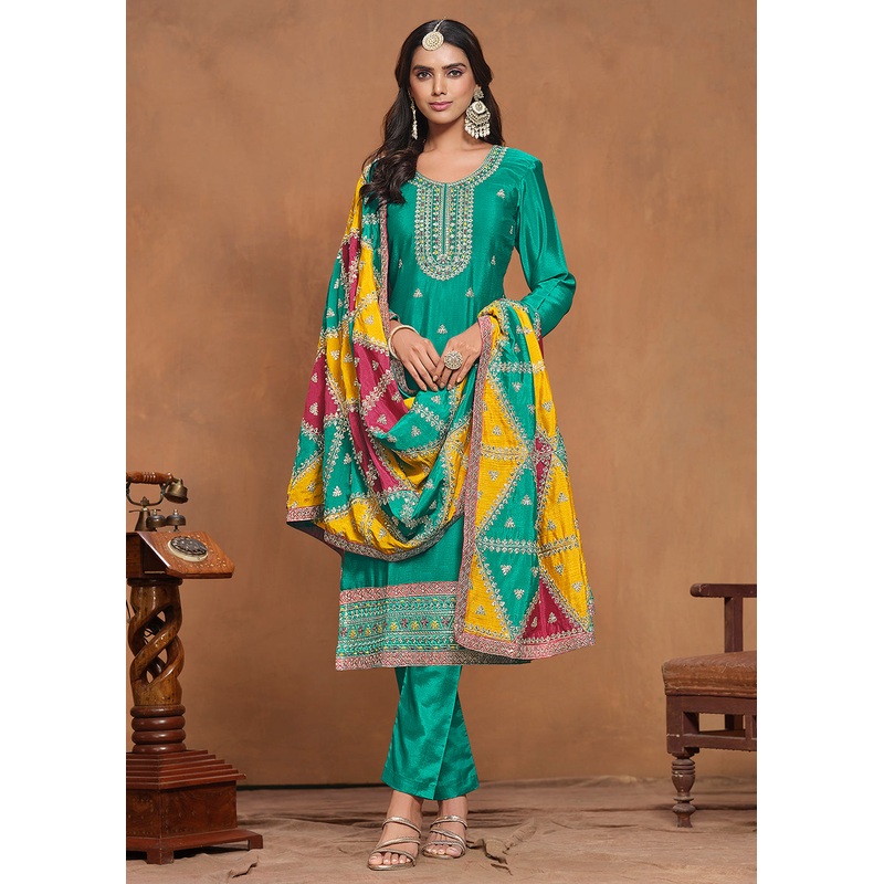 Chinnon Silk Turquoise Salwar Suit with Triangular Patch Dupatta