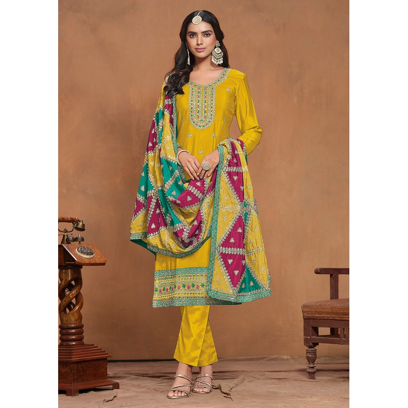 Chinnon Silk Yellow Salwar Suit with Triangular Patch Dupatta