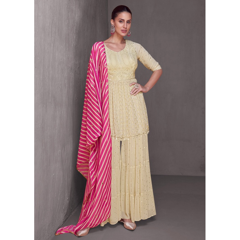 Cream Embroidered Wedding Festive Gharara Suit