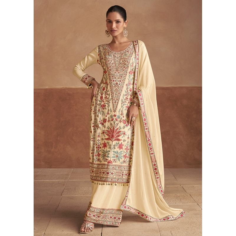 Cream Handwork Embroidered Festive Palazzo Style Suit