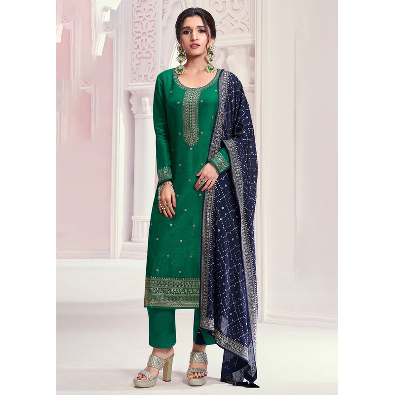 Dark Green Thread Embroidered Silk Salwar Suit