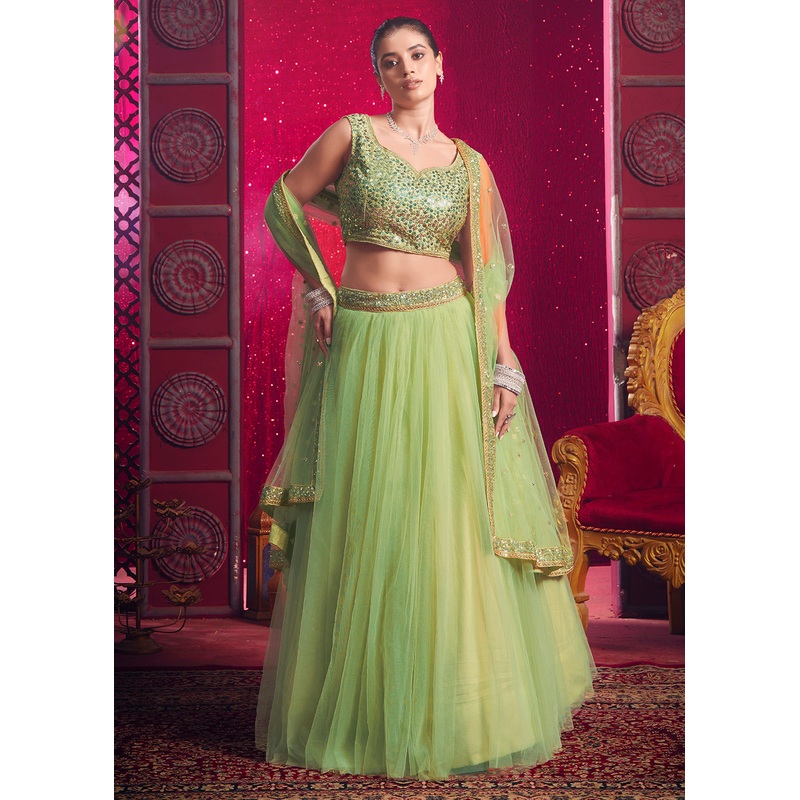 Dark Pista Green Sequins Work Reception Lehenga Choli