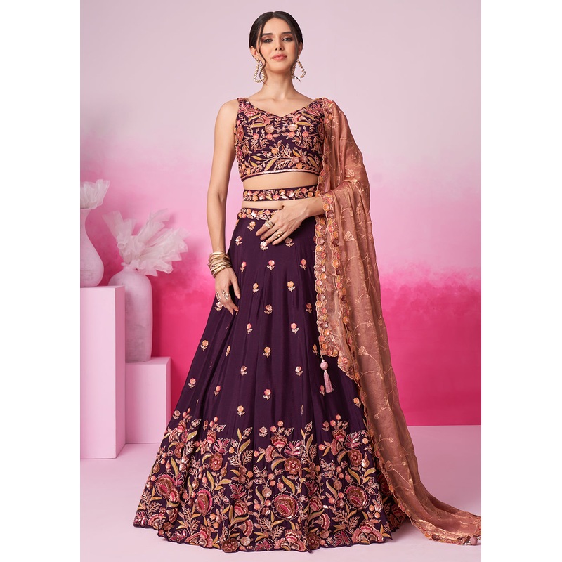 Designer Burgundy Chiffon Embroidered Wedding Lehenga Choli