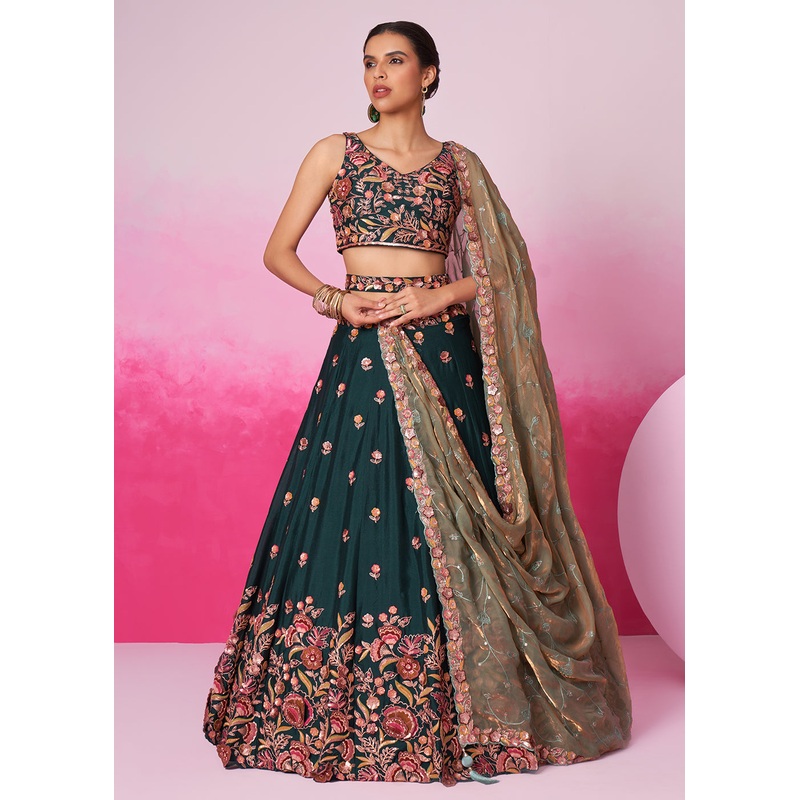 Designer Green Chiffon Embroidered Wedding Lehenga Choli
