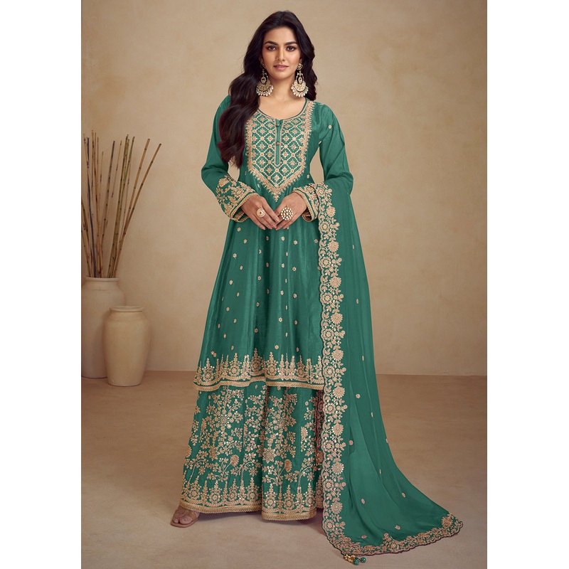 Designer Real Chinnon Green Embroidered Palazzo Suit