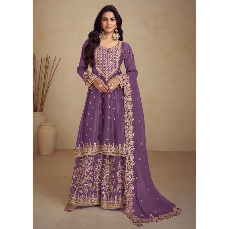 Designer Real Chinnon Purple Embroidered Palazzo Suit