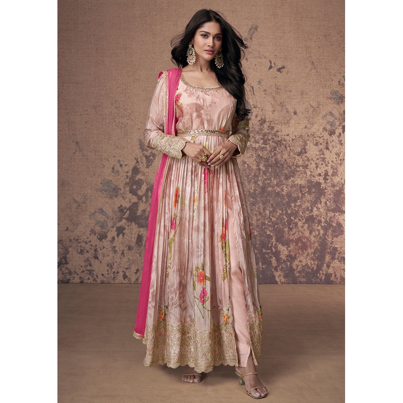 Digital Printed & Zari Embroidered Anarkali Suit in Pink