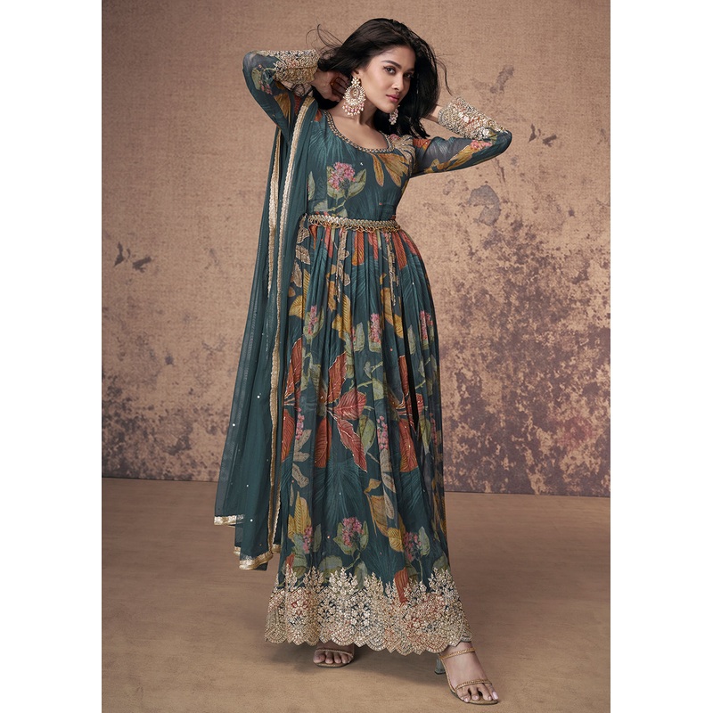 Digital Printed & Zari Embroidered Anarkali Suit in Teal