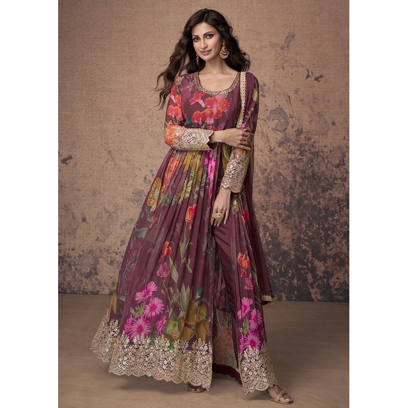 Digital Printed & Zari Embroidered Anarkali Suit in Wine