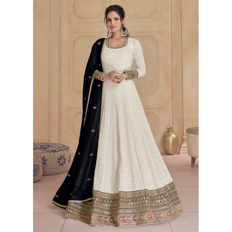 Embroidered Off White Real Georgette Pretty Anarkali Gown