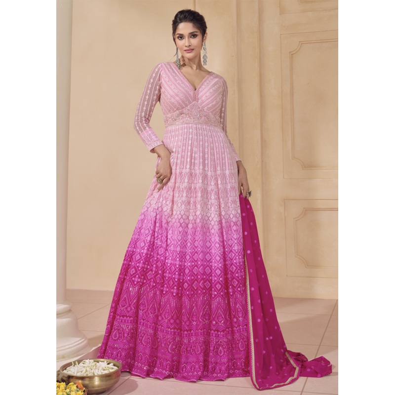 Embroidered Ombre Pink Real Georgette Pretty Anarkali Gown