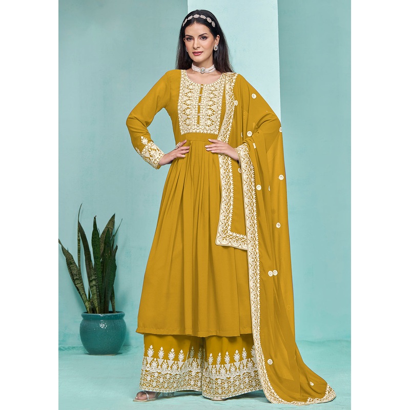 Festive Mustard Faux Georgette Palazzo Style Suit