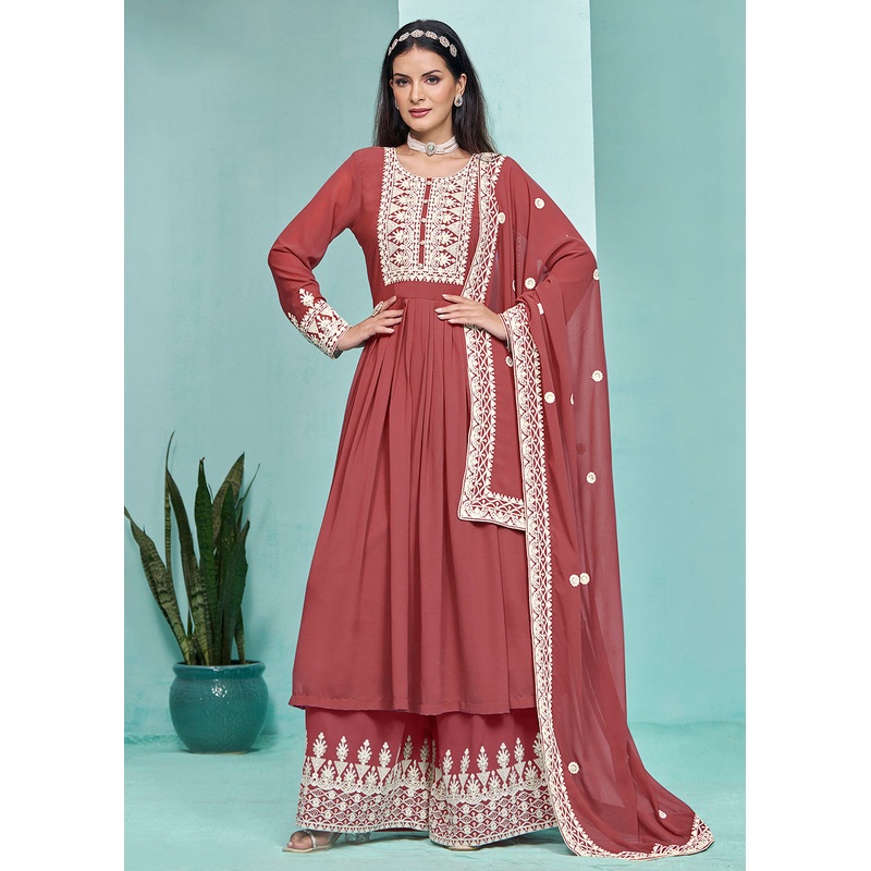 Festive Peachy Red Faux Georgette Palazzo Style Suit