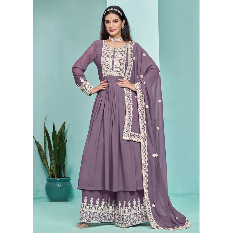 Festive Purple Faux Georgette Palazzo Style Suit