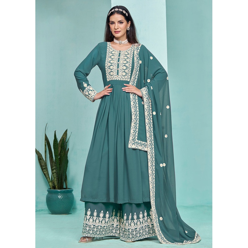 Festive Teal Faux Georgette Palazzo Style Suit