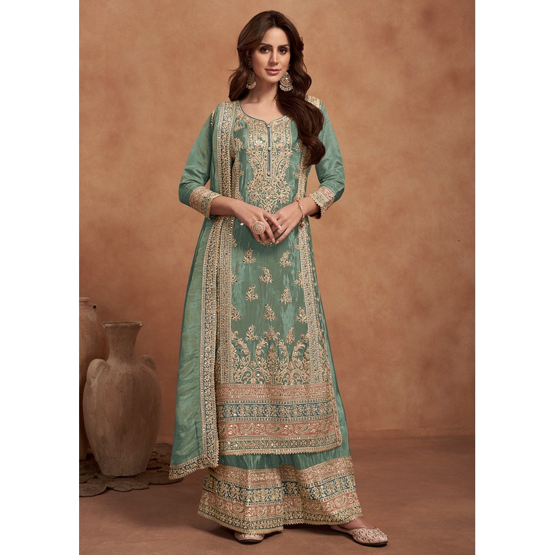 Green Embroidered Real Simar Silk Palazzo Suit