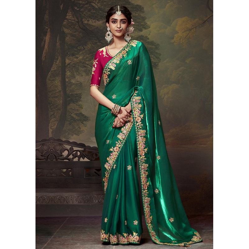 Green Fancy Fabric Embroidered Festive Saree