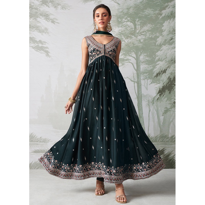 Green Multi Thread Embroidered Anarkali Style Suit