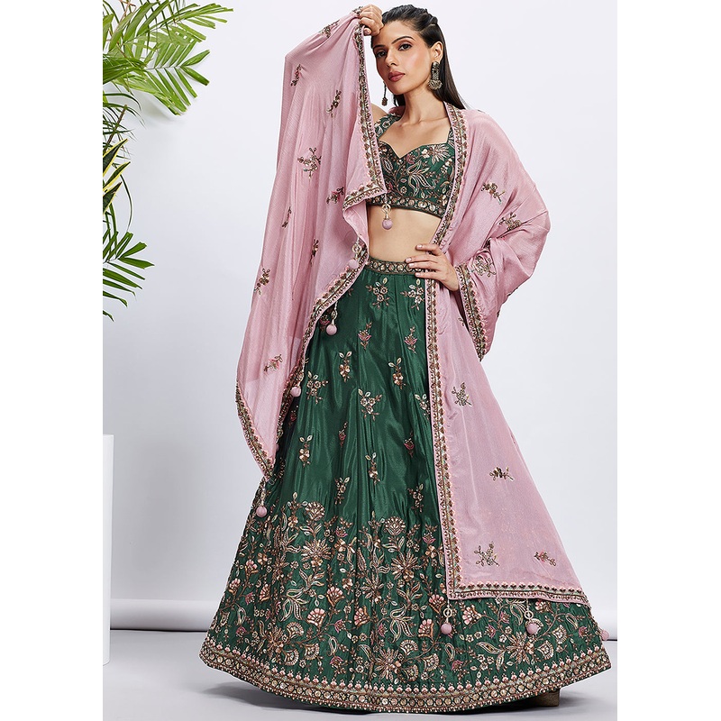 Green Pure Chiffon Sequins & Thread Designer Lehenga Choli