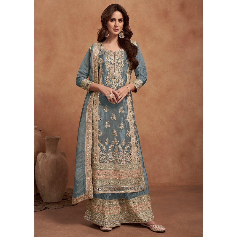 Greyish Blue Embroidered Real Simar Silk Palazzo Suit