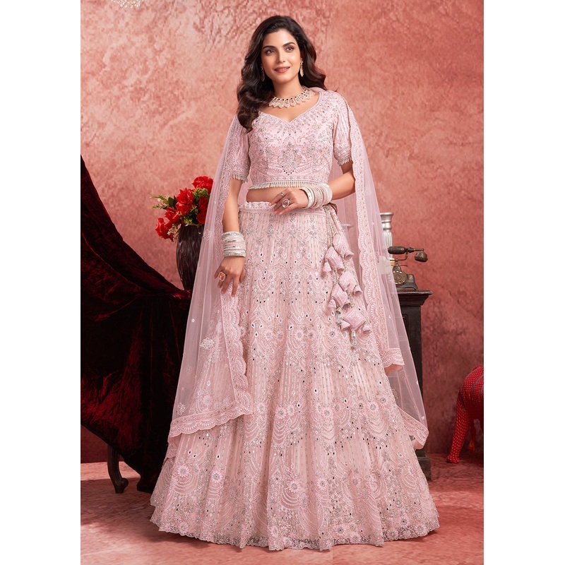 Heavy Zarkan Embroidered Baby Pink Bridal Lehenga Choli