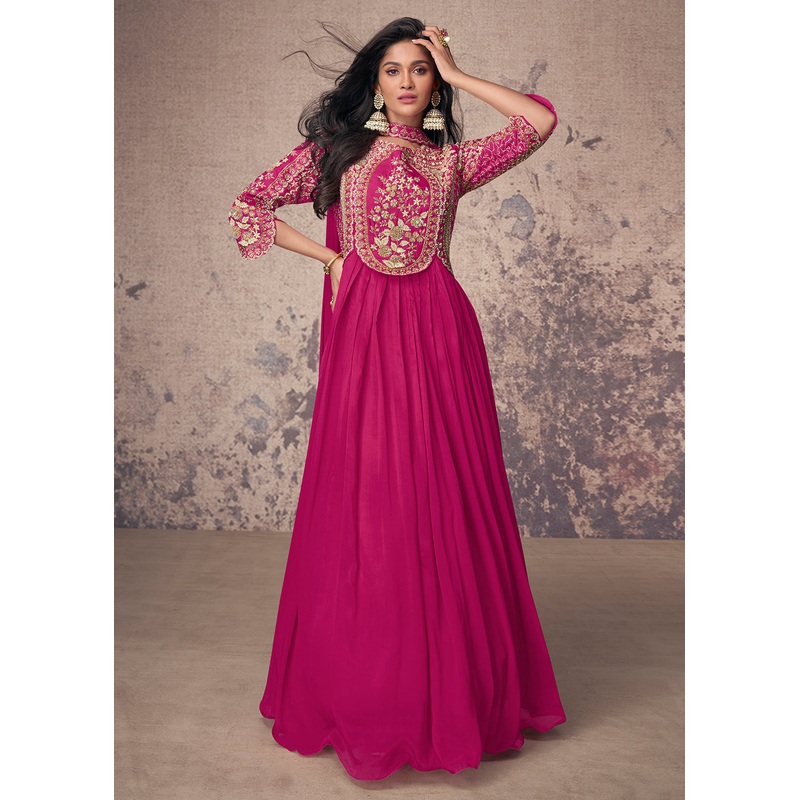 Hot Pink Silk Embroidered Wedding Party Anarkali Gown
