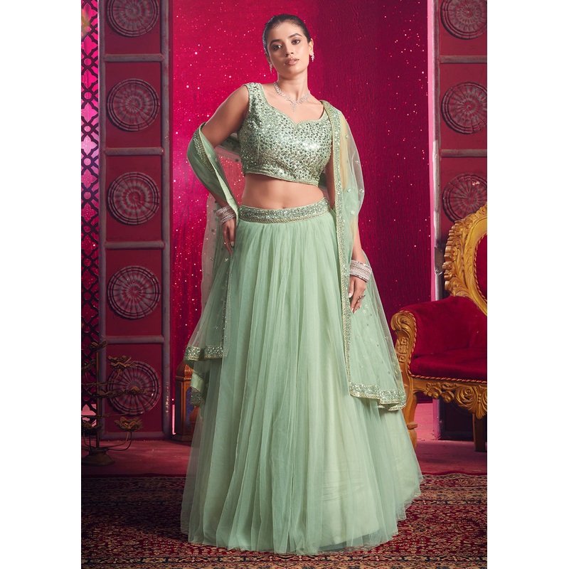 Light Pista Green Sequins Work Reception Lehenga Choli
