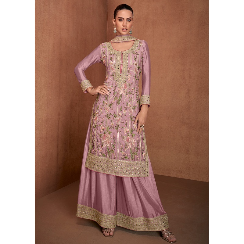 Lilac Pink Floral Embroidered Designer Palazzo Suit