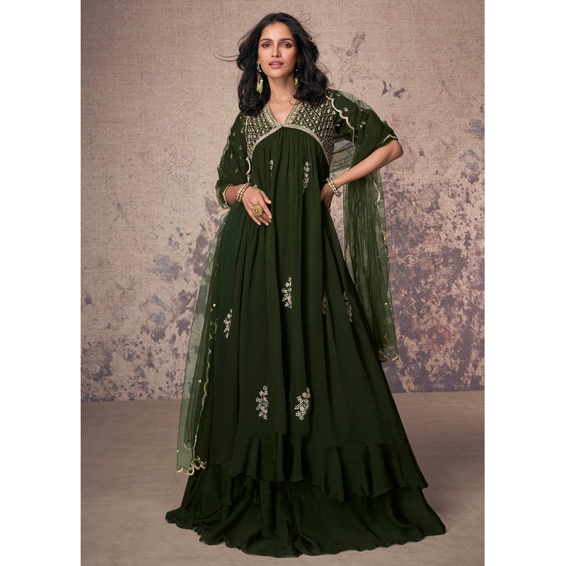 Mehndi Green Silk Embroidered Wedding Party Anarkali Gown